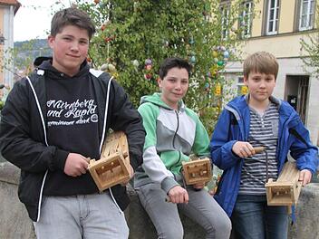 Pascal Schramm (16), Moritz Eckert (13) und Julian Heinz (12, im Bild, von links) freuen sich schon auf den Rundgang durch Stadtsteinach. Dass sie mit ihren Ratschen schon extrem früh aufstehen müssen, stört sie nicht. Foto: Sonny Adam