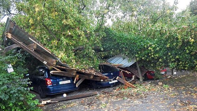 Im Wildbad in Ha&szlig;furt st&uuml;rzte bei dem Sturm Mortimer ein Baum um und zerst&ouml;rte ein Carport, in dem drei Autos untergestellt waren.