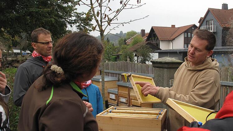 Zu Besuch gleich "Stadtoase" nebenan: Imker Herr Götz erklärt den Aufbau der Waben. Foto: Susanne Meier
