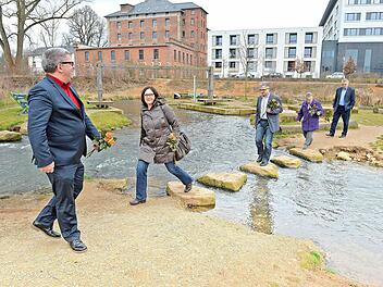 Die SPD-Spitzenkandidaten (v.l.) Wolfgang Metzner, Ingeborg Eichhorn, Felix Holland, Karin Gottschall und Heinz Kuntke auf dem Wasserspielplatz der Erba. Foto: Ronald Rinklef