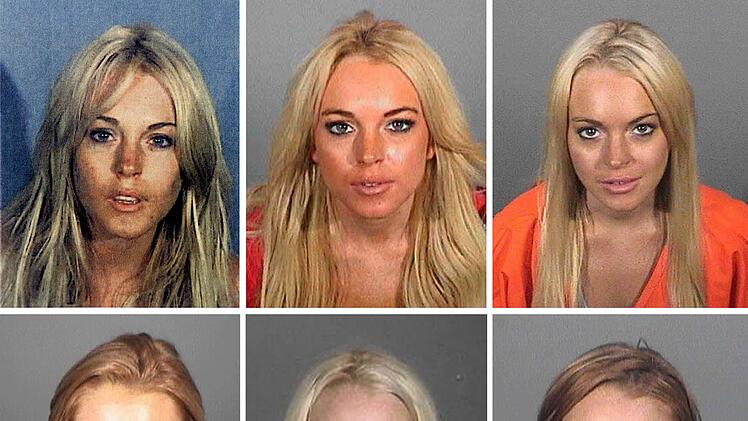 Die Skandalakte der Lindsay Lohan ist lang. Die Collage zeigt diverse Fotos, die nach Verhaftungen entstanden.