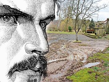 Ob er seinen Gefallen daran gefunden hätte? Friedrich Rückert schaut eher mürrisch auf das Denkmal, das ihm die Stadt zur Erinnerung an seine Jahre von 1809 bis 1821 im Haus seines Vaters, dem jetzigen Finanzamt in Ebern, gesetzt und dessen Umfeld im Rahmen einer Umgestaltung aktuell ganz schön ramponiert hat. Montage: Franziska Schäfer