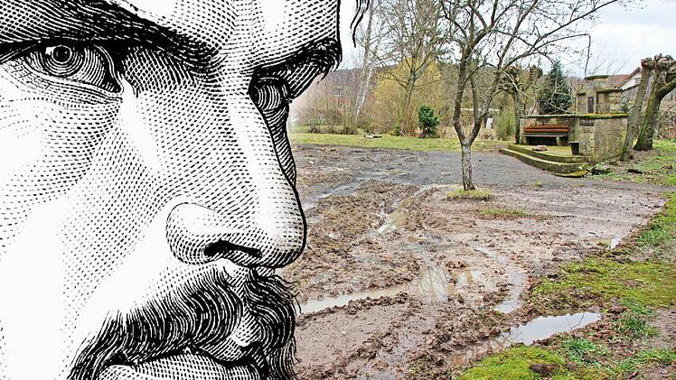 Ob er seinen Gefallen daran gefunden hätte? Friedrich Rückert schaut eher mürrisch auf das Denkmal, das ihm die Stadt zur Erinnerung an seine Jahre von 1809 bis 1821 im Haus seines Vaters, dem jetzigen Finanzamt in Ebern, gesetzt und dessen Umfeld im Rahmen einer Umgestaltung aktuell ganz schön ramponiert hat. Montage: Franziska Schäfer