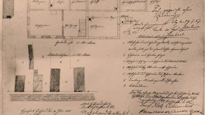 Der historische Bauplan zeigen einen hofseitigen Erdgeschossraum, der als Schulzimmer für den Elementar- und Religionsunterricht genutzt worden ist.