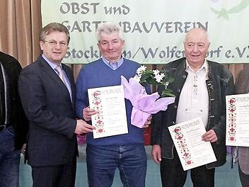 Die neuen Ehrenmitglieder des Obst- und Gartenbauvereins Stockheim-Wolfersdorf: (von rechts) Gerhard Ramming, Ottomar Lutz und Hansi Ludwig. Mit im Bild Bürgermeister Rainer Detsch (Zweiter von links) und Kreisvorsitzender Fritz Pohl Fotos: Leonhard Kürzinger