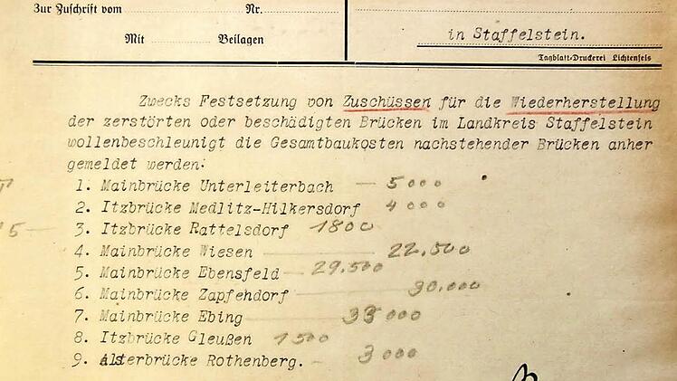 Aufstellungen wie diese gehören zu dem Konvolut, das im Staffelsteiner Behördenkeller gefunden wurde. In dieser Liste vom Januar 1946 sind all die Brücken im damaligen Landkreis Staffelstein erfasst, die im Krieg beschädigt oder zerstört worden waren.
