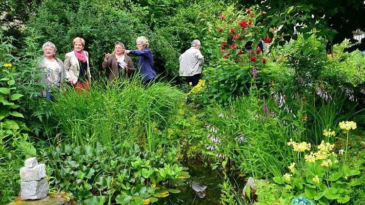Heide Lauterbach (Zweite von rechts) zeigt Besuchern ihren Garten.