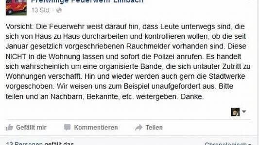 Auf Facebook warnte beispielsweise die Freiwillige Feuerwehr Limbach vor den Trickbetrügern.  Facebook-Screenshot: Friederike Stark