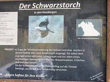 Den Schwarzstorch angelockt, jetzt dreht er viele Diskussionsrunden - ein mehrere Jahre altes Schild der Stadt Ebern am Reutersbrunner Zeltplatz. Foto: Ralf Kestel