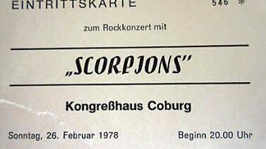 Vor 37 Jahren spielten die Scorpions - damals noch nicht ganz so berühmt wie heute - im Coburger Kongresshaus. Roland Schnabels Eintrittskarte aus dem Jahr 1978.  Foto: Roland Schnabel