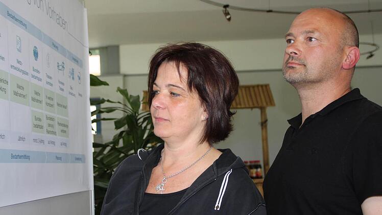 Christine und Jürgen Platzer informieren sich bei einer Info-Veranstaltung von Tennet über die Stromtrasse Südlink. Foto: Ulrike Müller/Archiv