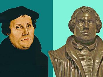 links: Martin Luther (1483-1546), Ölgemälde auf Holz von Lukas Cranach d.Ä., 1528; rechts: Martin Luther, Büste von Ernst Rietschel, Morizkirche Coburg, 1883