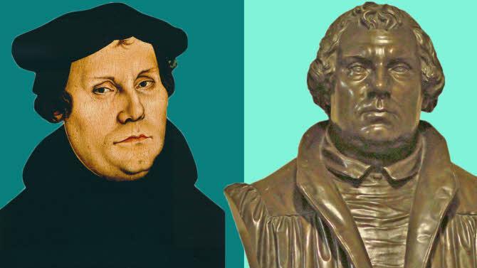 links: Martin Luther (1483-1546), Ölgemälde auf Holz von Lukas Cranach d.Ä., 1528; rechts: Martin Luther, Büste von Ernst Rietschel, Morizkirche Coburg, 1883