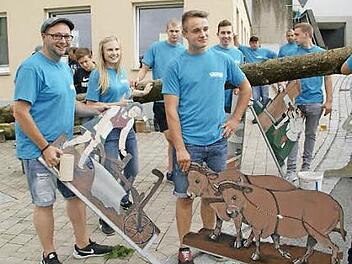 Schreiner, Landwirt: Der Kerwasbaum in Trossenfurt trägt Motivtafeln. Die Jugend stellte den geschmückten Baum auf. Foto: Sabine Weinbeer