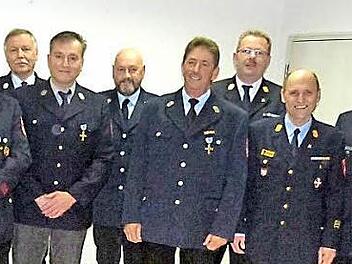 40 Jahre sind sie der Feuerwehr in der Gemeinde Rauhenebrach treu (von links): Heinz Brand, Hubert Bühl, Hermann Reder, Wolfgang Kregler, Helmut Bühl, Baptist Schwank, Wolfgang Schuck, Kreisbrandrat Ralf Dressel, Kreisbrandinspektor Georg Pfrang, Kreisbrandmeister Johannes Betz sowie Bürgermeister Matthias Bäuerlein. Im Bild fehlt Ewald Pfuhlmann.  Fotos: Helmut Kistner