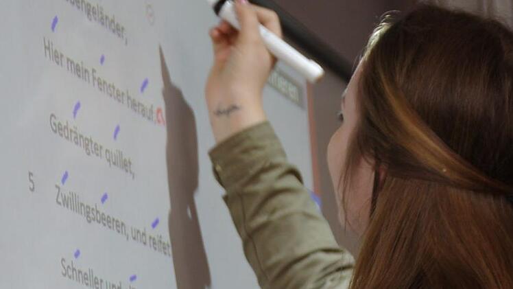 Celine Meier arbeitet am Whiteboard. Foto: Marco Meißner