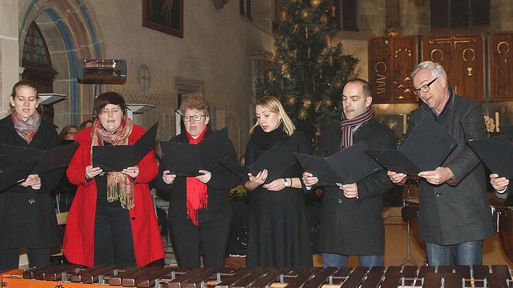 Unter der Leitung von Petra Schlosser (links) sang das Lehreroktett mit (weiter) Christine Chandon, Alexandra Weber, Marion Kuhn, Wioletta Baumgartner-Sauer, Simon Sperl, Ekkehard Grieninger, Friedrich Hallwirth und Peter Friese. Die Lieder "Wie soll ich dich empfangen" sowie "Es ist ein Ros entsprungen".