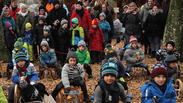 Die Buben bei ihrer "Schlittenparade". Die Aktion wäre natürlich bei Schnee noch schöner gewesen wäre. Zwar war am Morgen Schnee gefallen, aber die weiße Pracht war nach wenigen Stunden wieder weg.