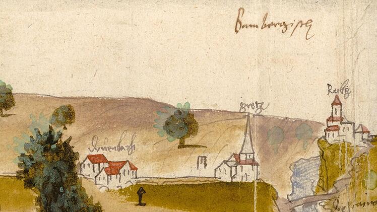 Geleitstraßenkarte von Coburg nach Kulmbach und Bamberg, 1562                                                                - Detailausschnitt: Trübenbach mit der FeldmarterStaatsarchiv Coburg