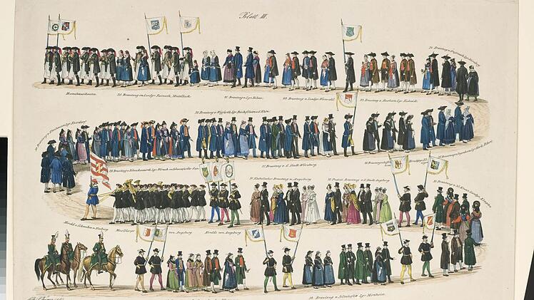 In der Bayerischen Landesbibliothek kann man digitalisiert im Internet heute die Beschreibung des Zeitgenossen Gustav Kraus nachlesen und seine drei Lithographien bewundern, die den Festzug mit den 35 Brautpaaren aus ganz Bayern zeigen. Hier eine dieser Tafeln: in der linken Kurve das Brautpaar Pfister/Treutlein.