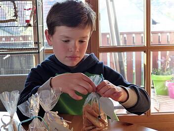 BU Geschenk: Mit voller Konzentration verpackt Felix die selbst gebackenen Plätzchen, die als Aufmerksamkeit für Gratulanten gibt. Fotos. Christian Ziegler