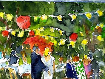 Dieses Aquarell des Schlossgartenfestes hat die Möhrendorfer Malerin Jutta Cuntze für ein Buch zum 60. Jubiläum zur Verfügung gestellt.