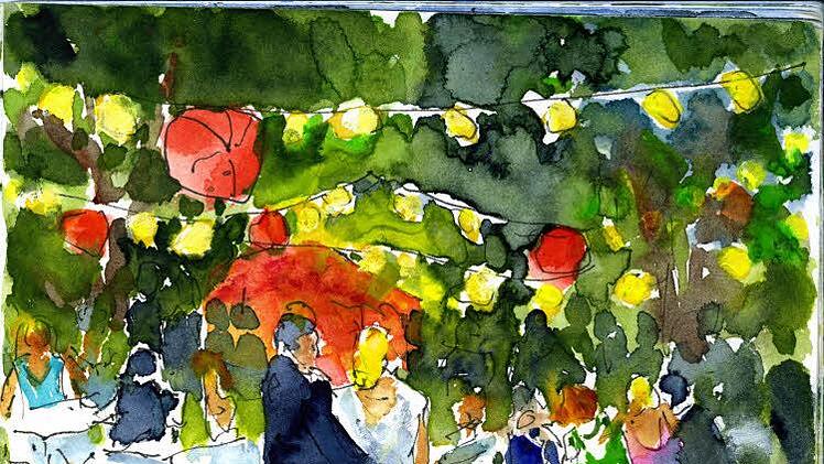 Dieses Aquarell des Schlossgartenfestes hat die Möhrendorfer Malerin Jutta Cuntze für ein Buch zum 60. Jubiläum zur Verfügung gestellt.