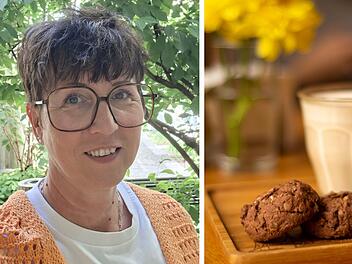 Das Bild zeigt links eine Frau mit Brille im Freien und rechts ein Getr&auml;nk, wahrscheinlich Kaffee, mit Geb&auml;ck auf einem Holzteller. Es symbolisiert Begegnung und Genuss in einem Caf&eacute;.