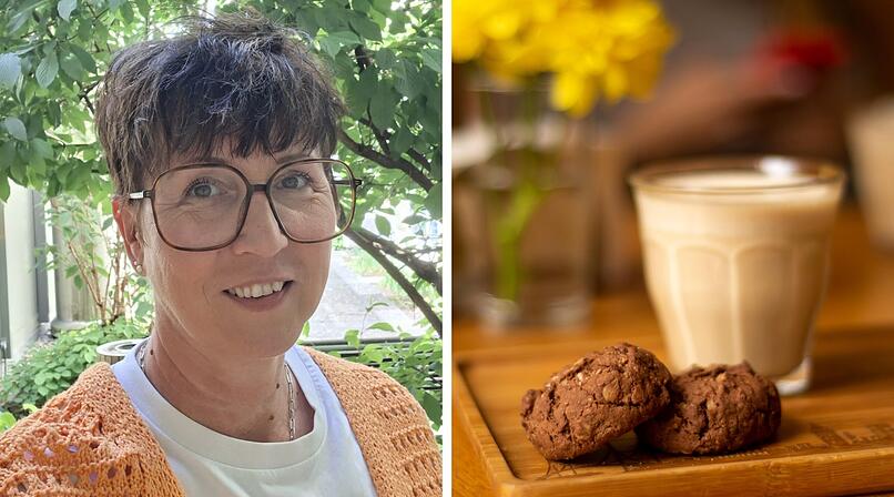 Das Bild zeigt links eine Frau mit Brille im Freien und rechts ein Getr&auml;nk, wahrscheinlich Kaffee, mit Geb&auml;ck auf einem Holzteller. Es symbolisiert Begegnung und Genuss in einem Caf&eacute;.
