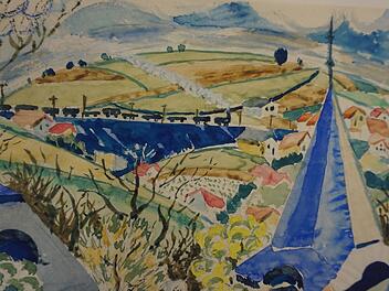 Das leuchtende, expressionistische Aquarell mit Kirchturm und Eisenbahn stammt von 1920. Es zeigt eine thüringische Landschaft der Nähe von Weimar. Foto: Wolfgang Schoberth