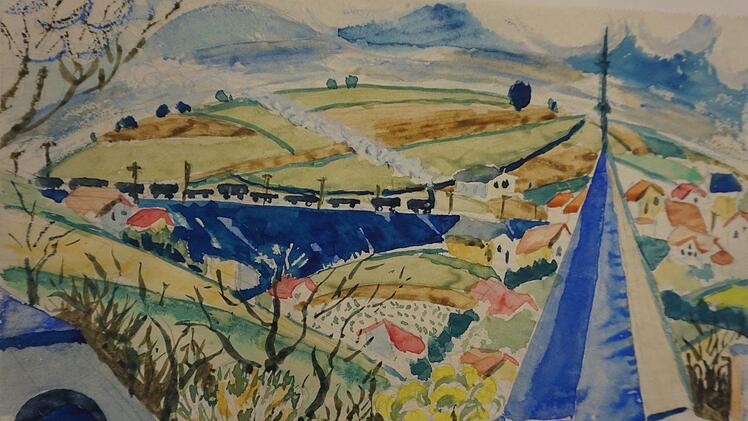 Das leuchtende, expressionistische Aquarell mit Kirchturm und Eisenbahn stammt von 1920. Es zeigt eine thüringische Landschaft der Nähe von Weimar. Foto: Wolfgang Schoberth