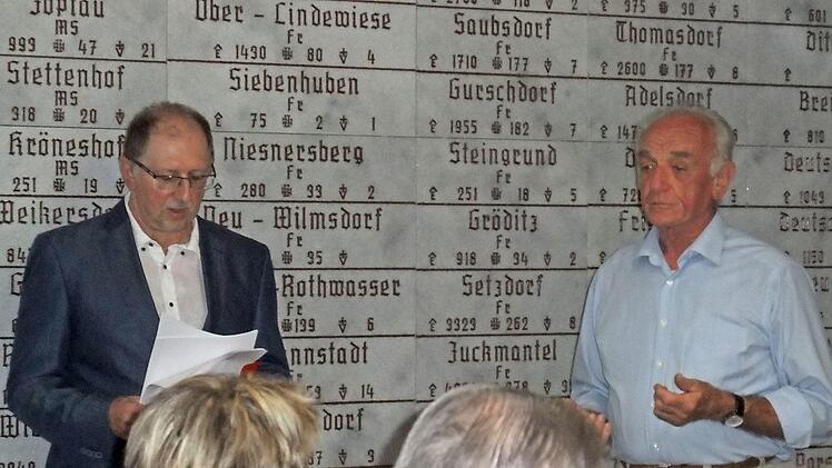 Norbert Neugebauer (links) und Willi Rimpl vom Altvaterturmverein sprachen zum Thema Heimatvertriebene im Rahmen eines Themennachmittags der Nordhalbener Ortsgruppe des Frankenwaldvereins im Altvaterturm.  Foto: Ingrid Neugebauer
