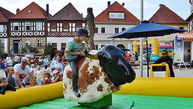 Wie beim echten Rodeo h&auml;lt man sich beim Bullriding nur mit einer Hand fest. Da hie&szlig; es nicht nur gut zupacken, sondern auch mit den Beinen den Bullen festumschlie&szlig;en, um sich m&ouml;glichst lange auf dessen R&uuml;cken zu halten. Foto: Ingrid Kohles