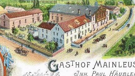 Ausschnitt aus einer Postkarte von 1899. Im Hintergrund ist das für damalige Verhältnisse respektable Brauereigebäude zu erkennen. Davor links das Gasthaus, rechts der eben erst eingeweihte Tanzsaaltrakt.