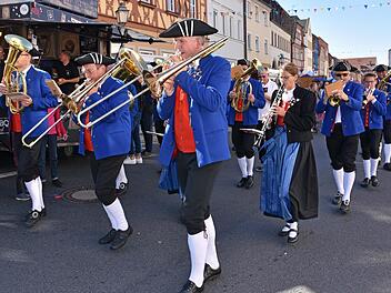 Die Sterzelbacher Musikanten umrahmen auf dem Marktplatz den verkaufsoffenen Sonntag in Haßfurt.   Foto: Ulrike Langer