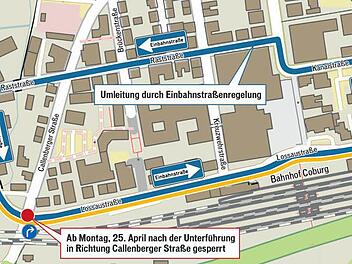 Der Weg in die Callenbergerstra&szlig;e von der Unterf&uuml;hrung aus wird ab Montag versperrt. Grafik: Klaus Heim