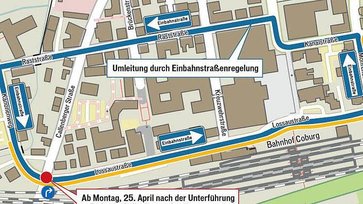 Der Weg in die Callenbergerstra&szlig;e von der Unterf&uuml;hrung aus wird ab Montag versperrt. Grafik: Klaus Heim