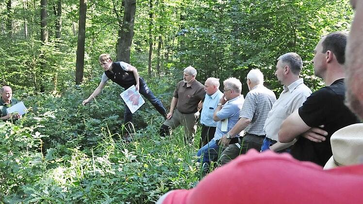 Forstanwärter Leo Hartinger (Mitte) erläuterte dem Gemeinderat und Gästen den Nachwuchs im Wald. Mit im Bild Förster Wolfgang Meiners (links)und Forstoberrat Jürgen Hahn (3. von links).