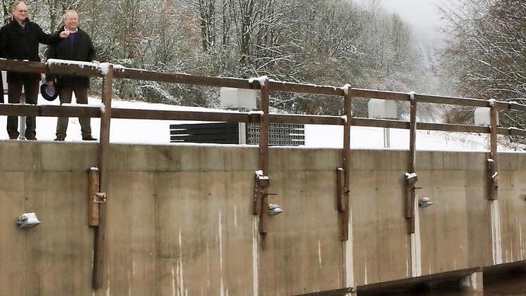 Expertengespräch auf dem fast fertigen Drosselbauwerk des Lauter-Überleiters in Oberlauter: (von links) Coburgs dritter Bürgermeister Hans-Heinrich Ulmann, Hans Hemmerlein und Friedrich Schubart vom Wasserwirtschaftsamt Kronach im Gespräch mit Lautertaler Bürgermeister Hermann Bühling. Fotos: Thomas Heuchling