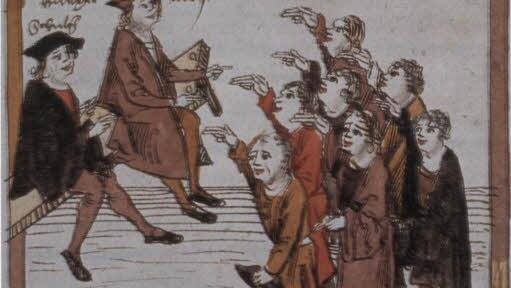 Dieses Bild entstand um das Jahr 1500 und zeigt Siebener oder Steinsetzer, die ihren Eid leisten.