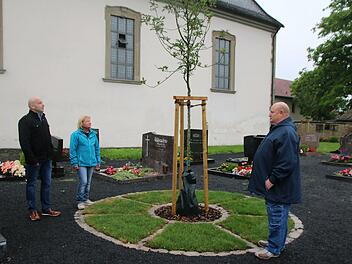 Bürgermeister Michael Kastl (links), Ortssprecherin Ulla Müller und Umweltreferent Klaus Schebler begutachten das neue Urnenfeld auf dem Friedhof in Wermerichshausen. Erstmals ist in Münnerstadt eine Bestattung unter einem Baum möglich. Foto: Thomas Malz