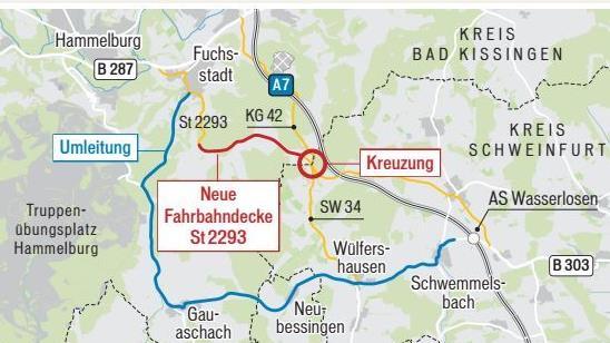 Die offizielle Umleitung führt über das Lager Hammelburg und Gauaschach nach Wülfershausen.