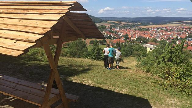 Lucas, Phil und Hannes (von links) genie&szlig;en die Aussicht von der neuen Ruhebank mit &Uuml;berdachung. Foto: Kerstin V&auml;th