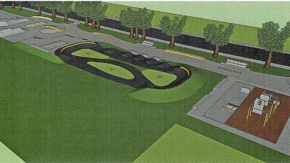 Entwurf für die Funsportanlage: Links der Skatebereich, in der Mitte (schwarz) die "Pumpzone" und rechts das Parkour-Feld. Dahinter verläuft die Rosenauer Straße. Grafik: Stadt Coburg