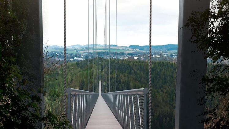 Diesen Blick sollen die Touristen im Frankenwald bald bekommen. Dort soll die längste freigespannte Hängebrücke der Welt entstehen. Grafik: Landratsamt Hof