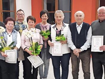 Bei der Ehrung, von links: Vorsitzende Monika Neundörfer, Fred Winkler, Gunda Finzel, Georg Winkler, Beate Zeck, Gabi Götz, Barbara Theis, Alfons Hummel, Gerhard Pickel, Bürgermeister Wolfgang Möhrlein Foto: p