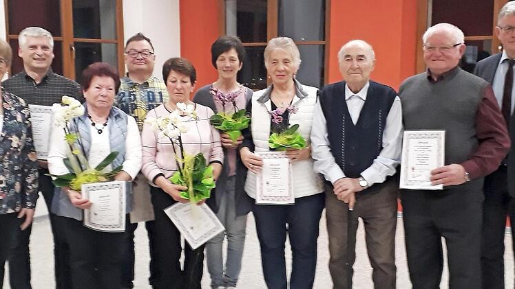 Bei der Ehrung, von links: Vorsitzende Monika Neundörfer, Fred Winkler, Gunda Finzel, Georg Winkler, Beate Zeck, Gabi Götz, Barbara Theis, Alfons Hummel, Gerhard Pickel, Bürgermeister Wolfgang Möhrlein Foto: p