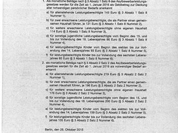 Jeder Asylbewerber erhält Leistungen nach dem Asylbewerberleistungsgesetz (AsylbLG). Die aktuell geltenden Leistungssätze enthält das gezeigte Bundesgesetzblatt vom Oktober 2015.