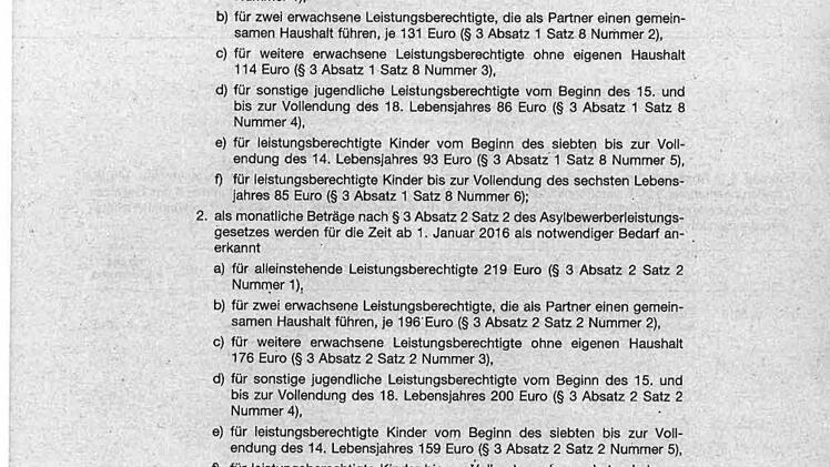 Jeder Asylbewerber erhält Leistungen nach dem Asylbewerberleistungsgesetz (AsylbLG). Die aktuell geltenden Leistungssätze enthält das gezeigte Bundesgesetzblatt vom Oktober 2015.