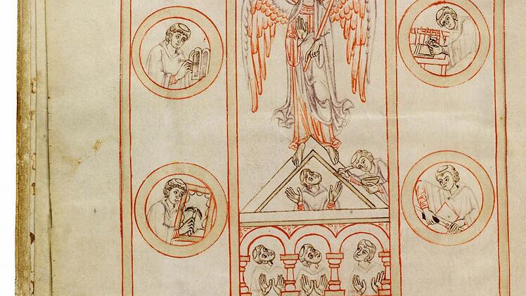 Zu den bibliophilen Kostbarkeiten der Schau in der Staatsbibliothek gehört das berühmte "Bamberger Schreiberbild". Foto: Staatsbibliothek Bamberg/Gerald Raab.